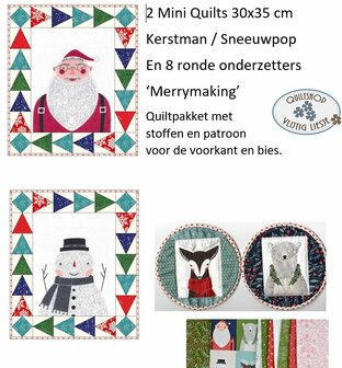 2 Miniquilts en 8 Onderzetters Merrymaking KERSTMAN EN SNEEUWPOP