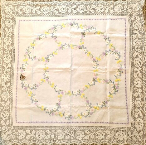 Vintage tablecloth with hand-embroidered flowers